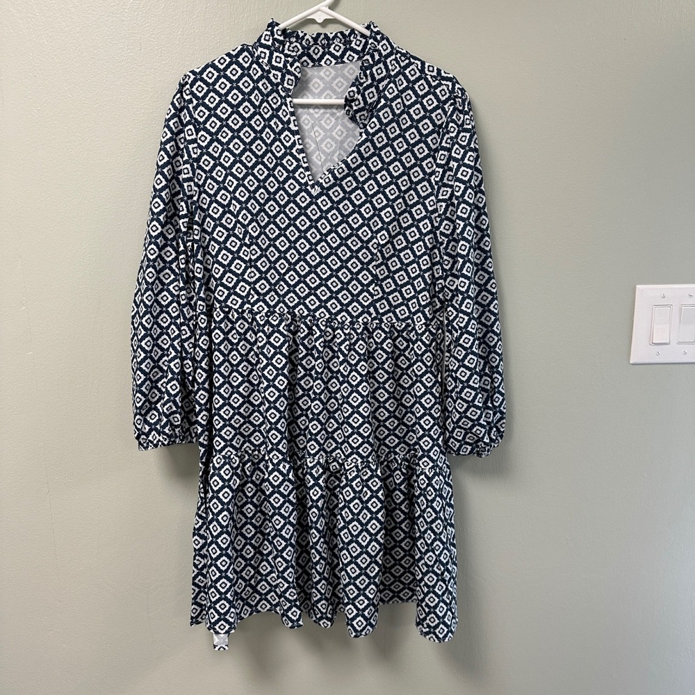 Navy White Geometric Tile Print Tiered Mini Dress Ruffle Neck Long Sleeve Large
